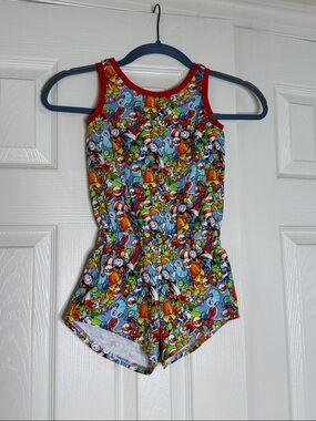 Colorful Dr. Seuss Print Girls Romper - Red Trim